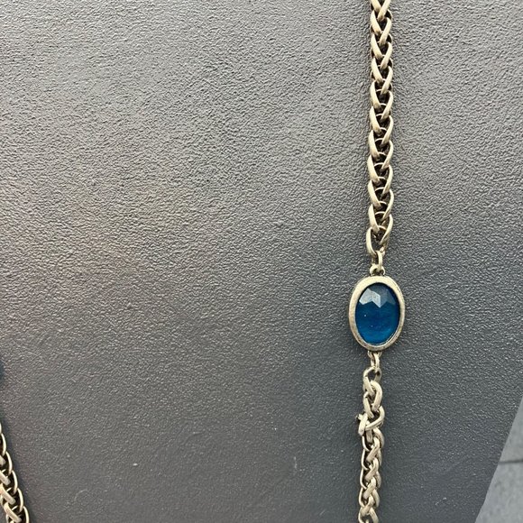 Chicos Long Necklace As Is Silver Chain Teal Blue Faceted Bezel Bead Retro BoHo - Picture 7 of 12